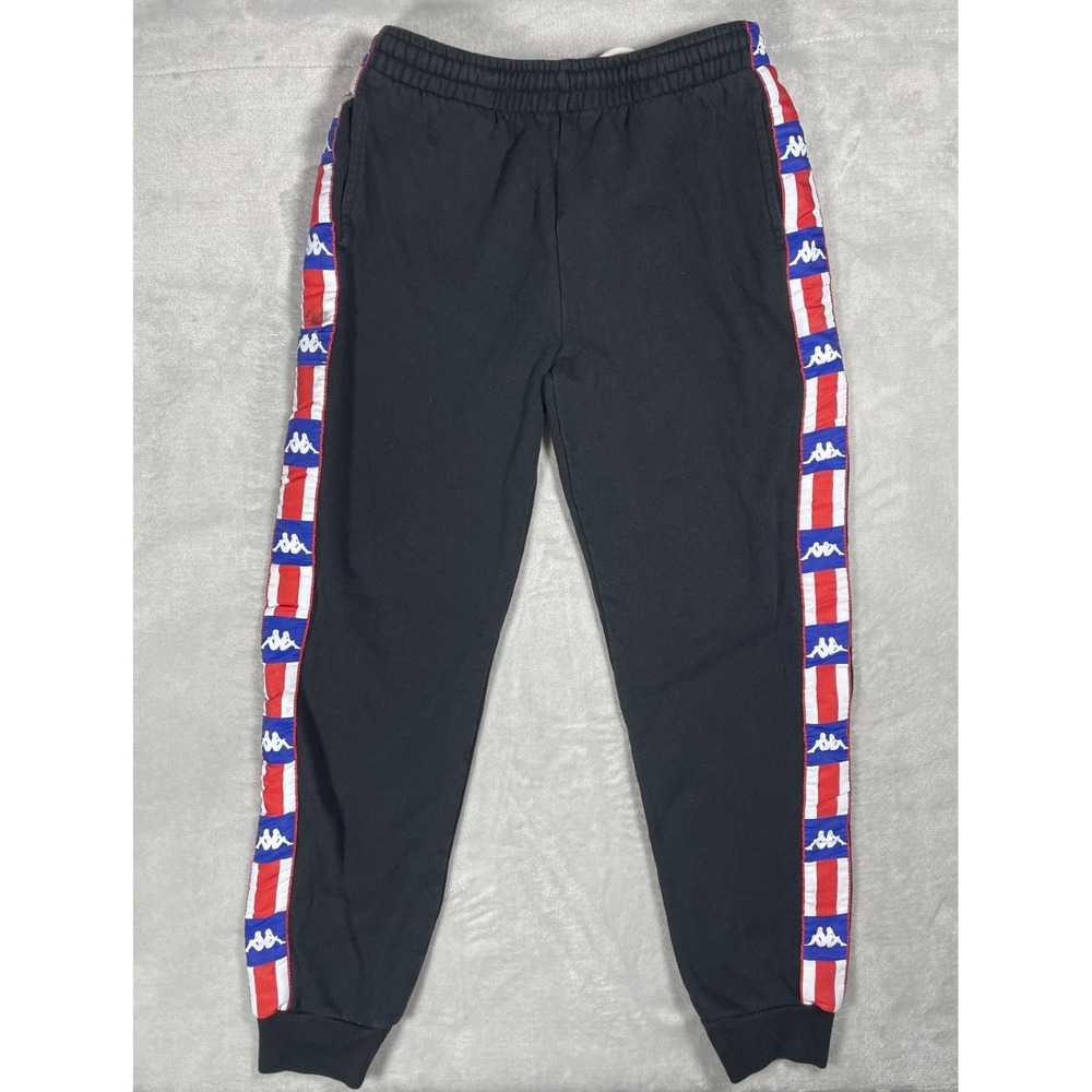 Kappa Banda Sweatpants Men's Small Black Joggers Red White Blue Logo Tape
